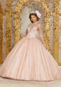 Stunning emperess neckline quinceañera dress in a satin pink.