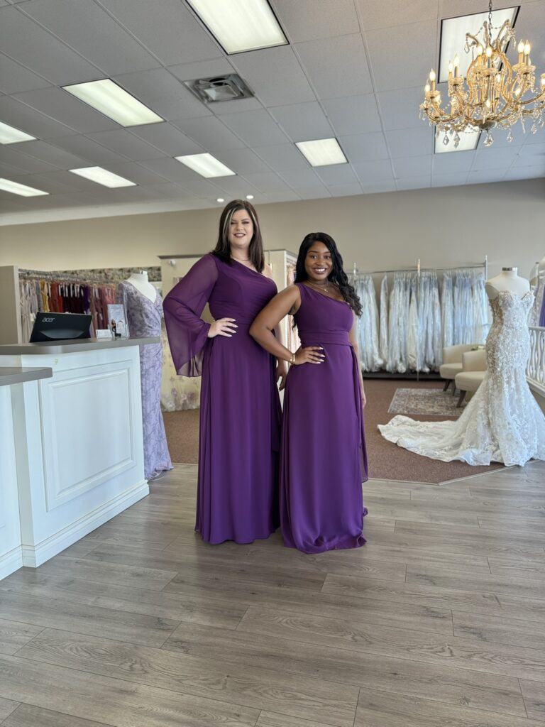 Florida bridal boutique featuring women in colorful bridesmaid dresses