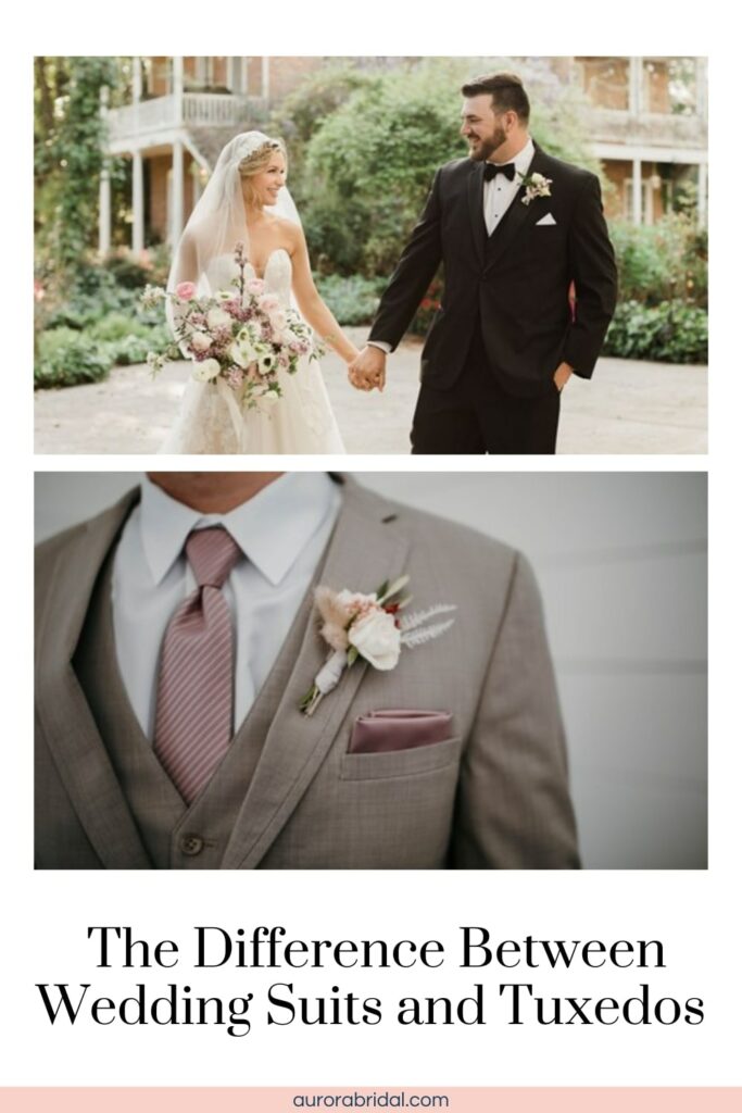 blog post graphic for "The Difference Between Wedding Suits and Tuxedo" for Aurora Bridal