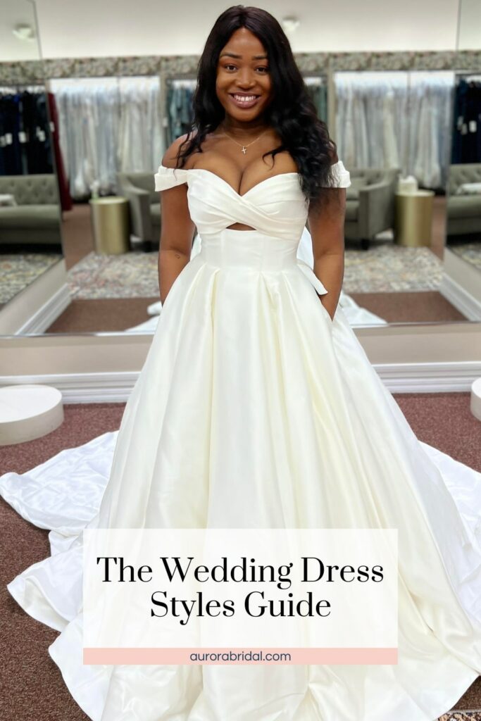 pinnable graphic for "The Wedding Dress Styles Guide" from Aurora Bridal in Melbourne, FL