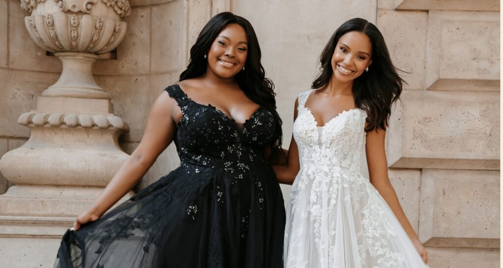 Two brides, one in a black floral gown and one in white, posing elegantly in a historic setting.