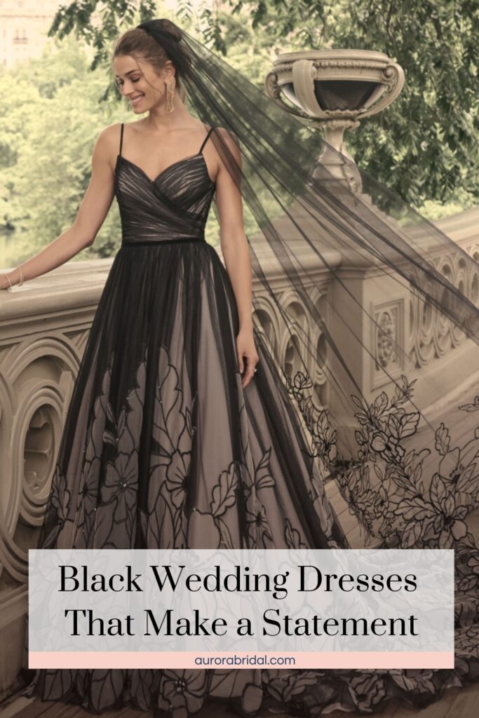 Pinnable blog post graphic for "Black Wedding Dresses That Make a Statement" from Aurora Bridal.