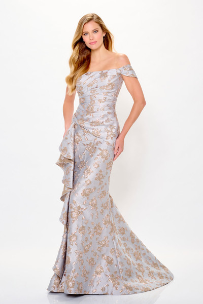 Elegant off-shoulder floral gown in shades of gold, perfect for formal occasions.