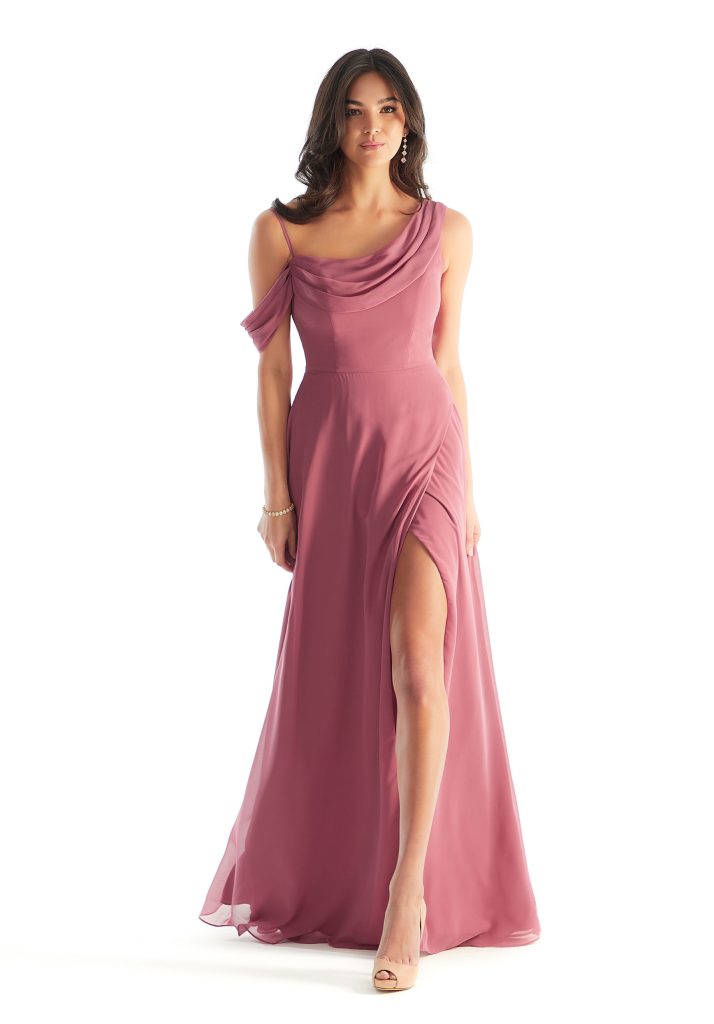 A stunning dusty rose bridesmaid dress featuring a cowl neckline, off-the-shoulder draping, and a thigh-high slit, ideal for elegant spring weddings.