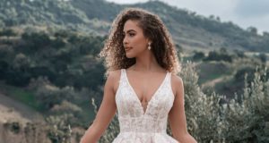 A bride poses in a romantic lace ballgown with a deep V-neck and delicate floral appliques, set against a stunning countryside landscape.