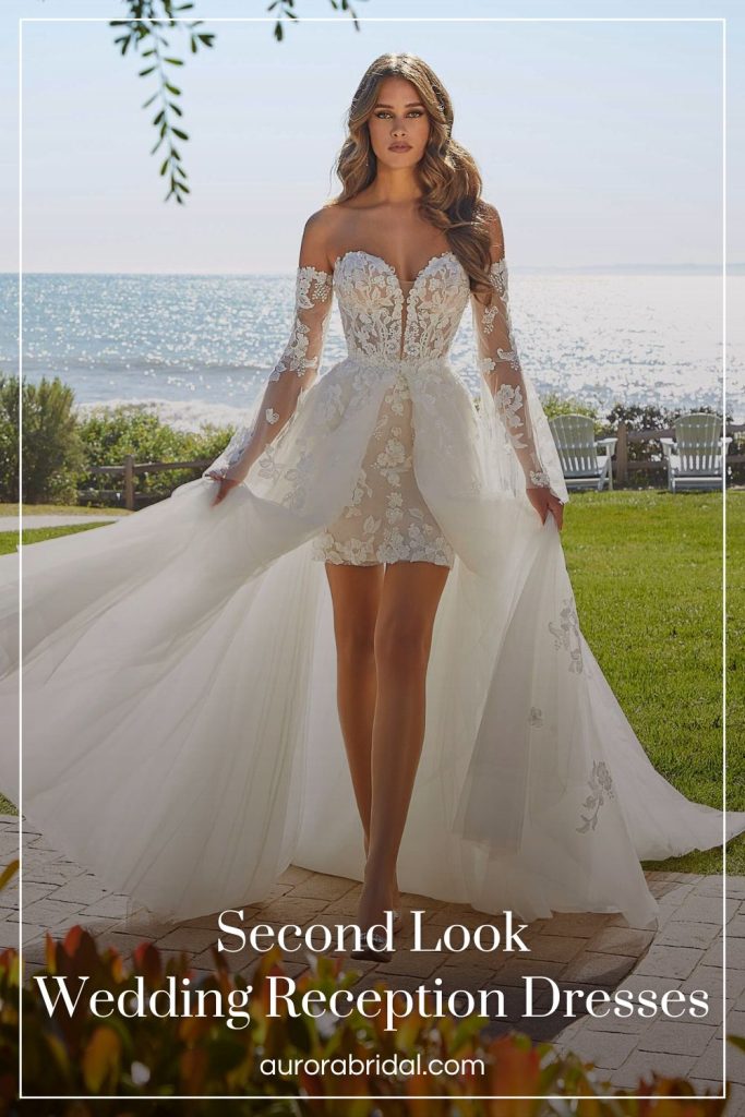 Pinnable blog post graphic for "Second Look Wedding Reception Dresses" from Aurora Bridal.