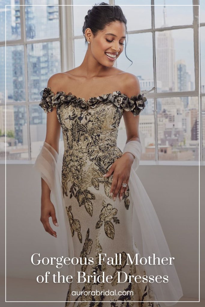 Pinnable blog post graphic for "Gorgeous Fall Mother of the Bride Dresses" from Aurora Bridal.