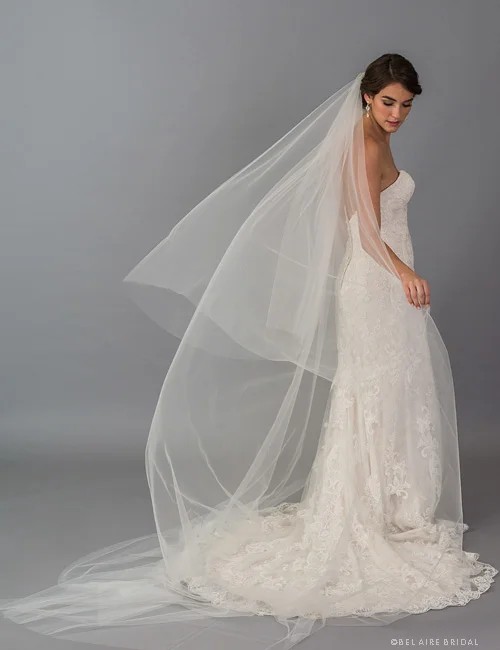 A bride in a strapless lace gown stands gracefully with a long flowing veil trailing behind her against a gray studio background.