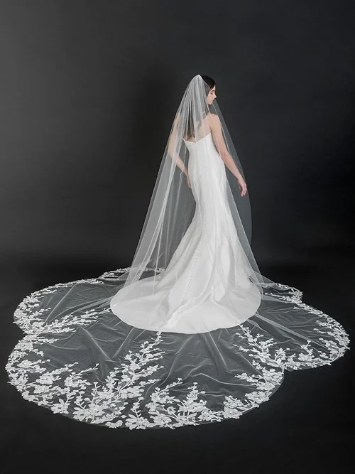 A bride in a strapless white gown wearing a long veil with floral lace along the train, standing against a dark backdrop.