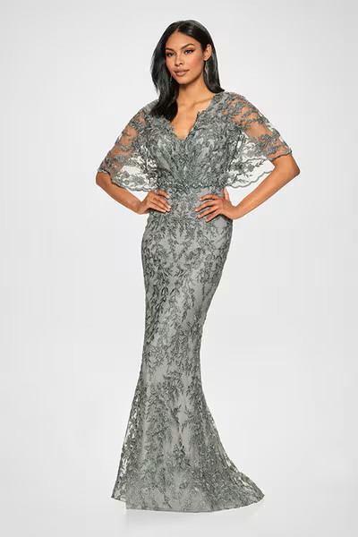 Woman in a fitted silver lace gown with short sheer sleeves and intricate embroidered detailing standing against a neutral background.